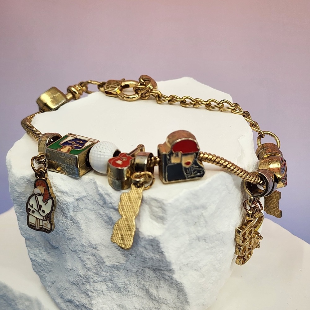 Taylor Swift Inspired Gold Tone Charm Bracelet 1989 TS Guitar Moon Eras Fan Gift